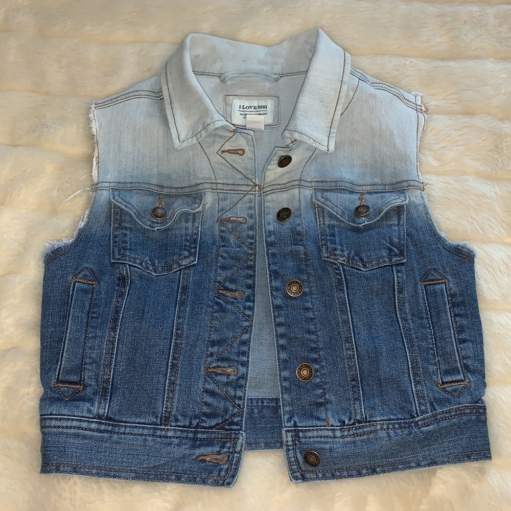 Vtg 90s Sleeveless dip dyed Ombre blue bleached denim ves S